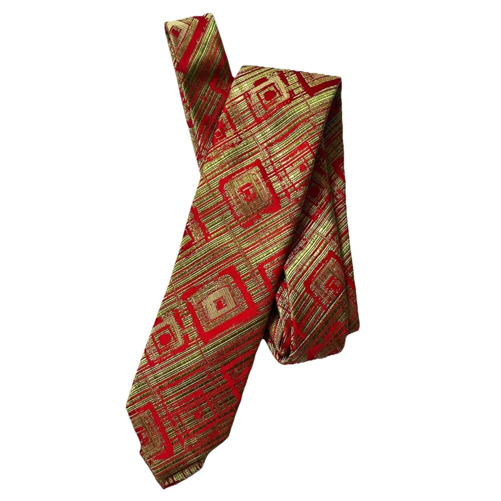 A. Picci Seta Di Como Mens Neck Tie Silk Red Green Shiny Geometric EUC
